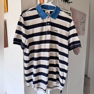 Lacoste Men’s Navy & White Striped Polo with Blue Collar